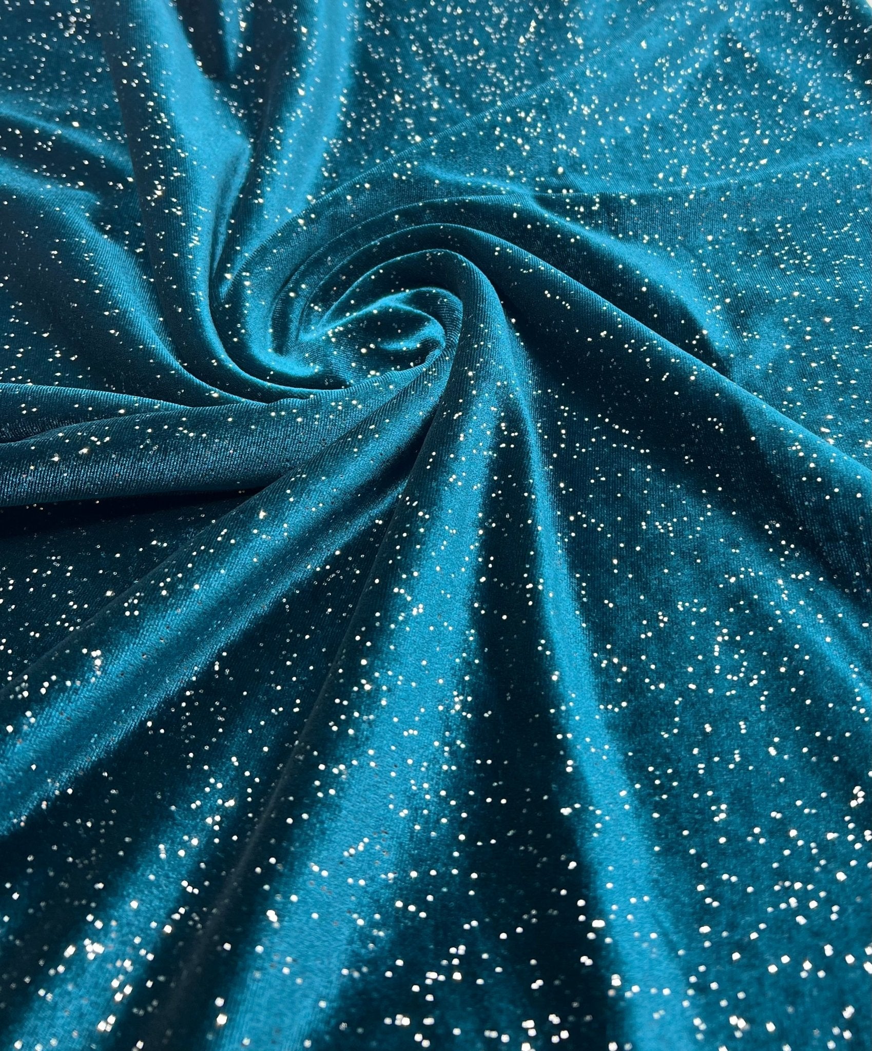 Plain Teal Metallic Sparkle Glitter Velour Stretch Fabric - T9 Fabrics
